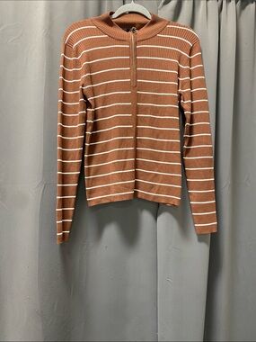 LETY & ME Brown Alex Zippered Rib Sweater - L